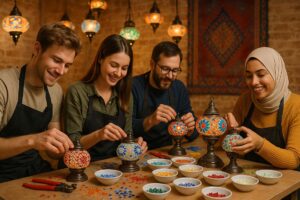 Teilnehmer gestalten eigene Mosaiklampen bei einem kreativen Workshop in Berlin