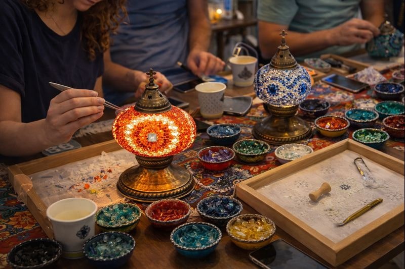 Teilnehmer gestalten gemeinsam Mosaiklampen – kreative Aktivität in Berlin im Orient Art Studio