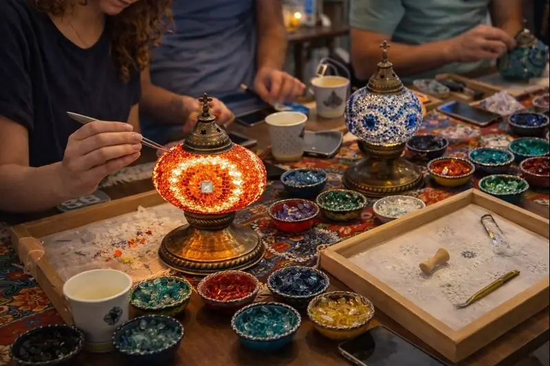 Teilnehmer gestalten gemeinsam Mosaiklampen – kreative Aktivität in Berlin im Orient Art Studio