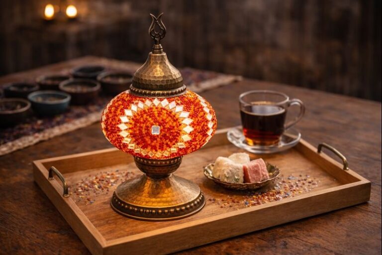 Orientalische Mosaiklampe auf hellem Holztablett – Mosaiklampen Workshop in Berlin bei Orient Art Studio