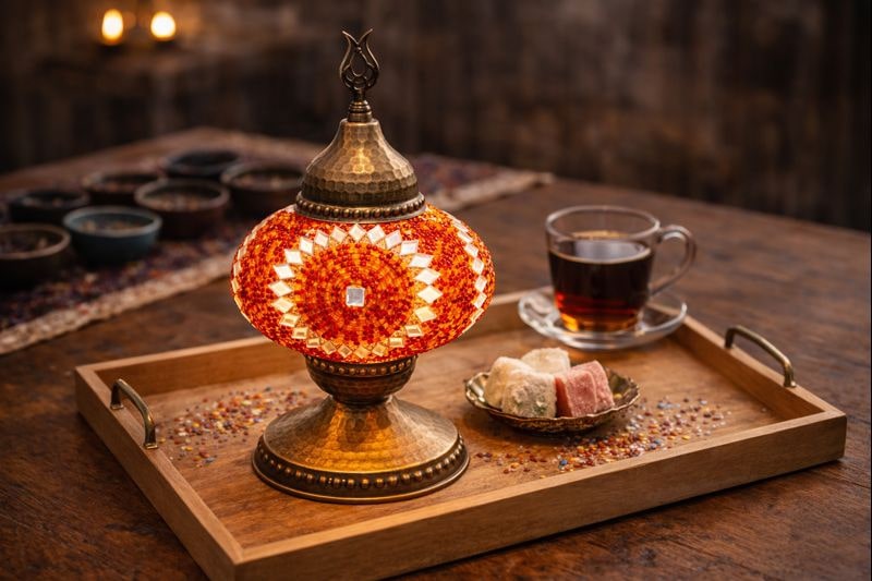 Orientalische Mosaiklampe auf hellem Holztablett – Mosaiklampen Workshop in Berlin bei Orient Art Studio