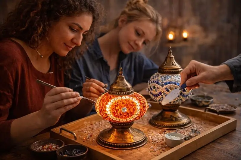 Teilnehmer gestalten eine orientalische Mosaiklampe im DIY Workshop von Orient Art Studio Berlin