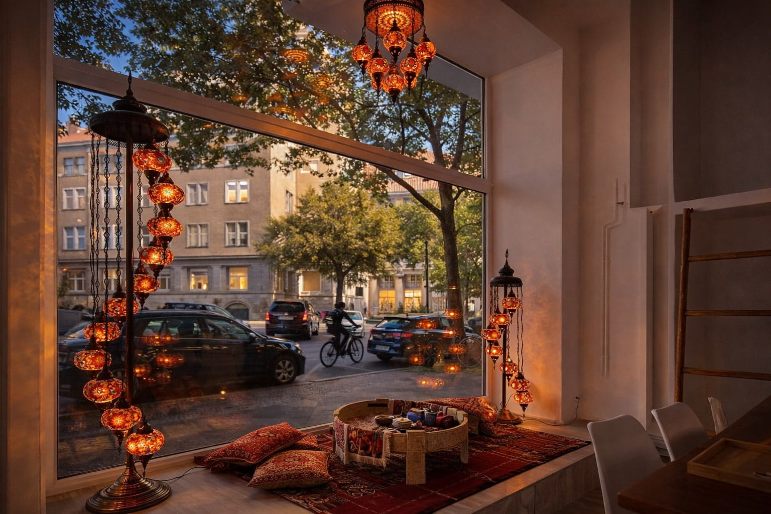 Innenraum vom Orient Art Studio in Berlin mit leuchtenden orientalischen Mosaiklampen am Fenster
