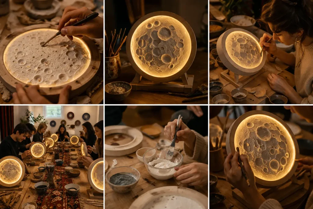 Kreativer DIY Workshop in Berlin Teilnehmer gestalten leuchtende Mondlampen mit Werkzeugen und Farben