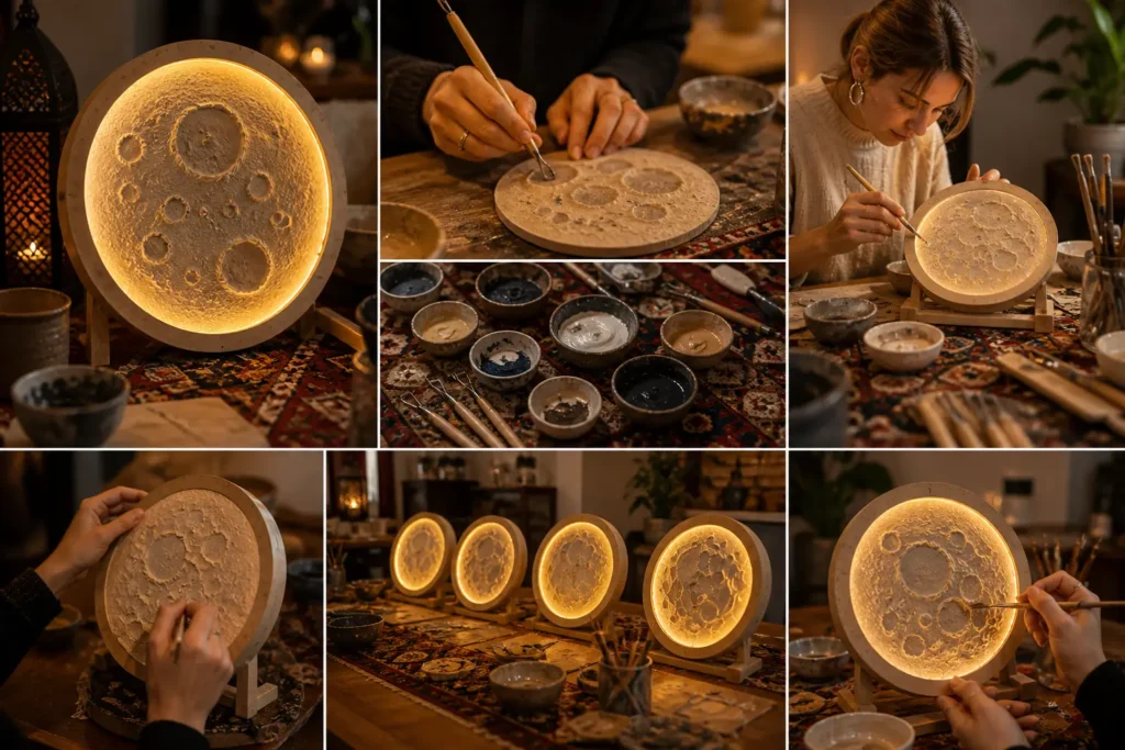 Teilnehmer gestalten Mondlampen im Workshop in Berlin mit Detailaufnahmen von Handarbeit und Materialien