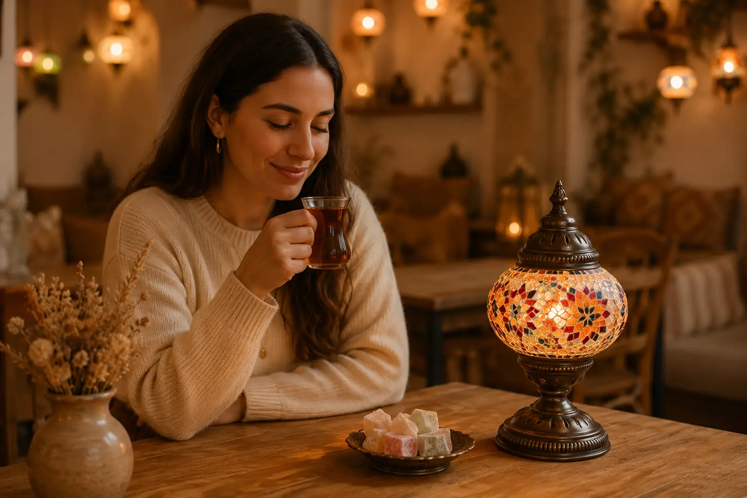 Teilnehmerin genießt türkischen Tee neben ihrer selbst gestalteten leuchtenden Mosaiklampe im Workshop in Berlin