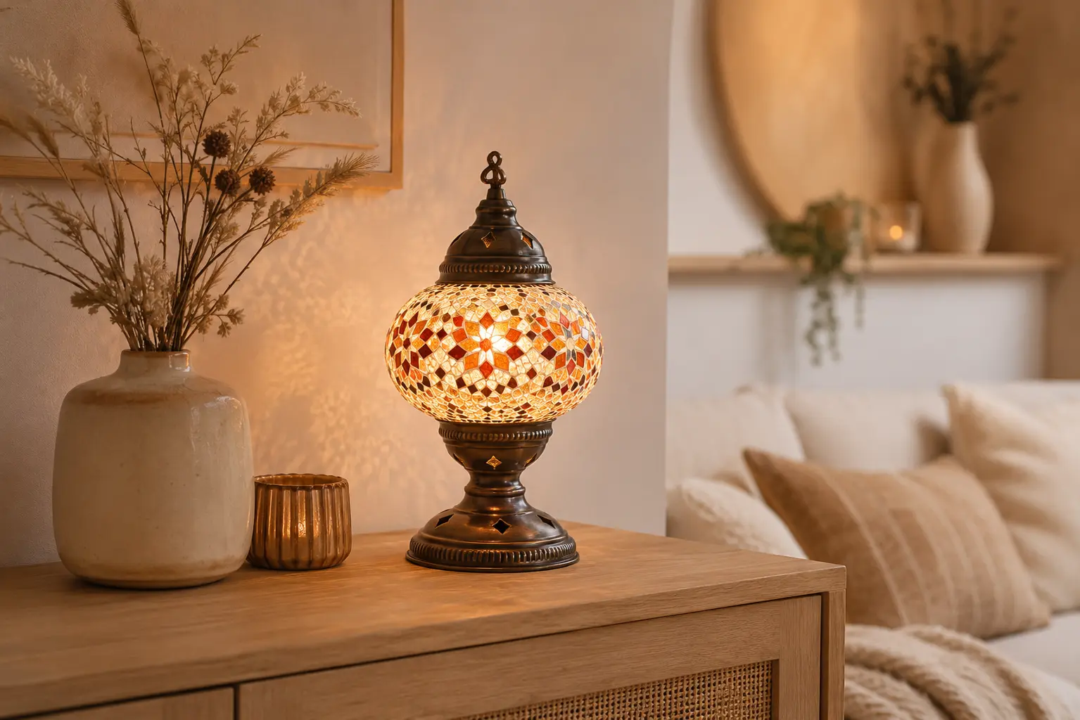 Leuchtende orientalische Mosaiklampe als handgefertigtes Unikat in einem modernen Wohnzimmer