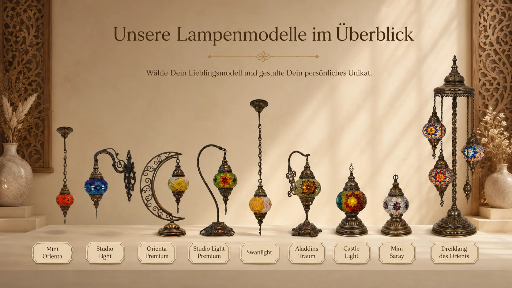 Übersicht aller Mosaiklampen-Modelle von Orient Art Studio Berlin – Mini Orienta, Studio Light, Orienta Premium, Studio Light Premium, Swanlight, Aladdins Traum, Castle Light, Mini Saray und Dreiklang des Orients.
