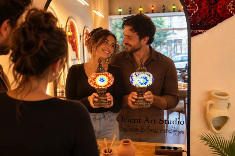 Paar mit selbst gestalteten Mosaiklampen beim Date im Orient Art Studio Berlin