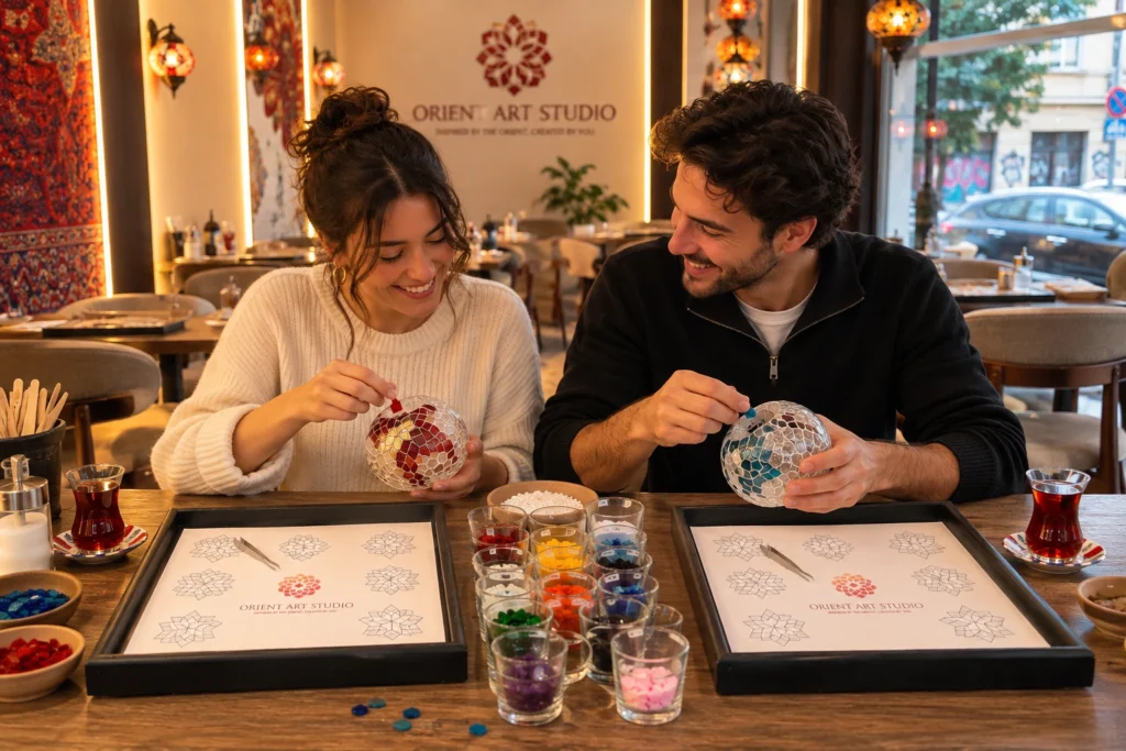 Paar gestaltet gemeinsam Mosaiklampen beim Mosaiklampen-Workshop im Orient Art Studio Berlin