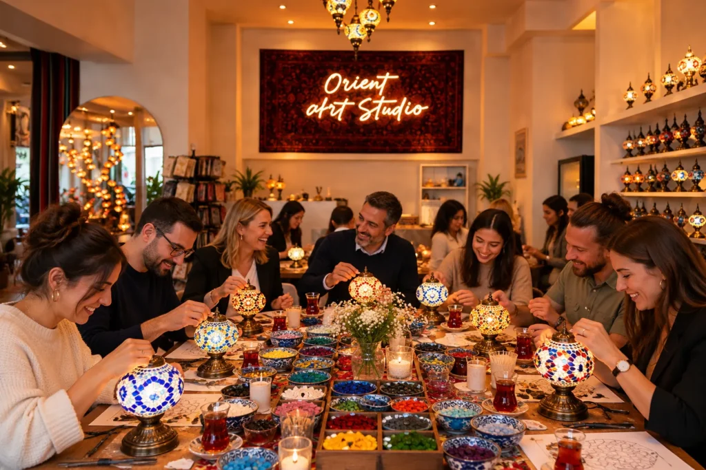 Kolleginnen und Kollegen beim Mosaiklampen-Firmenworkshop im Orient Art Studio Berlin