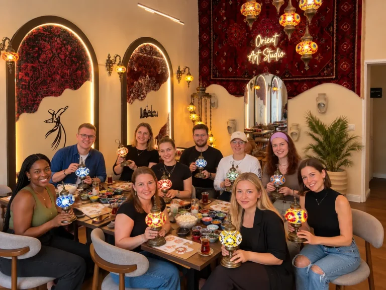 Gruppe mit fertigen Mosaiklampen bei einem kreativen JGA-Workshop in Berlin