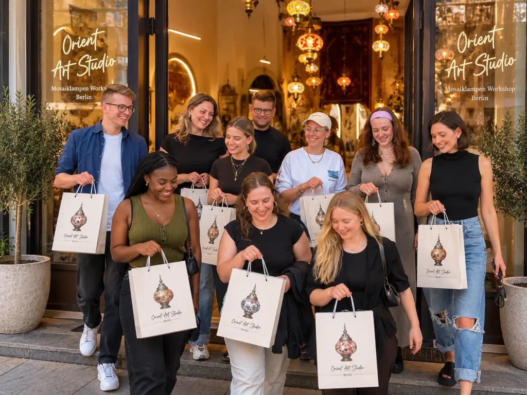 JGA-Gruppe nach dem Mosaiklampen-Workshop im Orient Art Studio Berlin