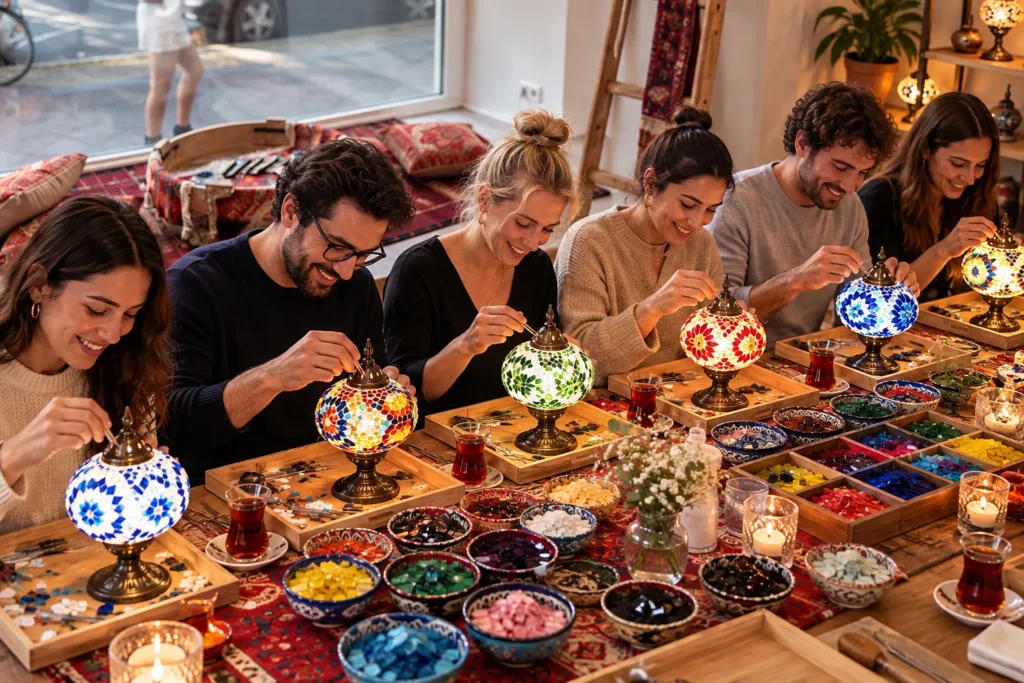 Kolleginnen und Kollegen gestalten gemeinsam individuelle Mosaiklampen bei einem Teamworkshop in Berlin