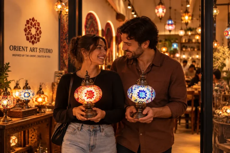Paar mit selbst gestalteten Mosaiklampen bei einem kreativen Date in Berlin