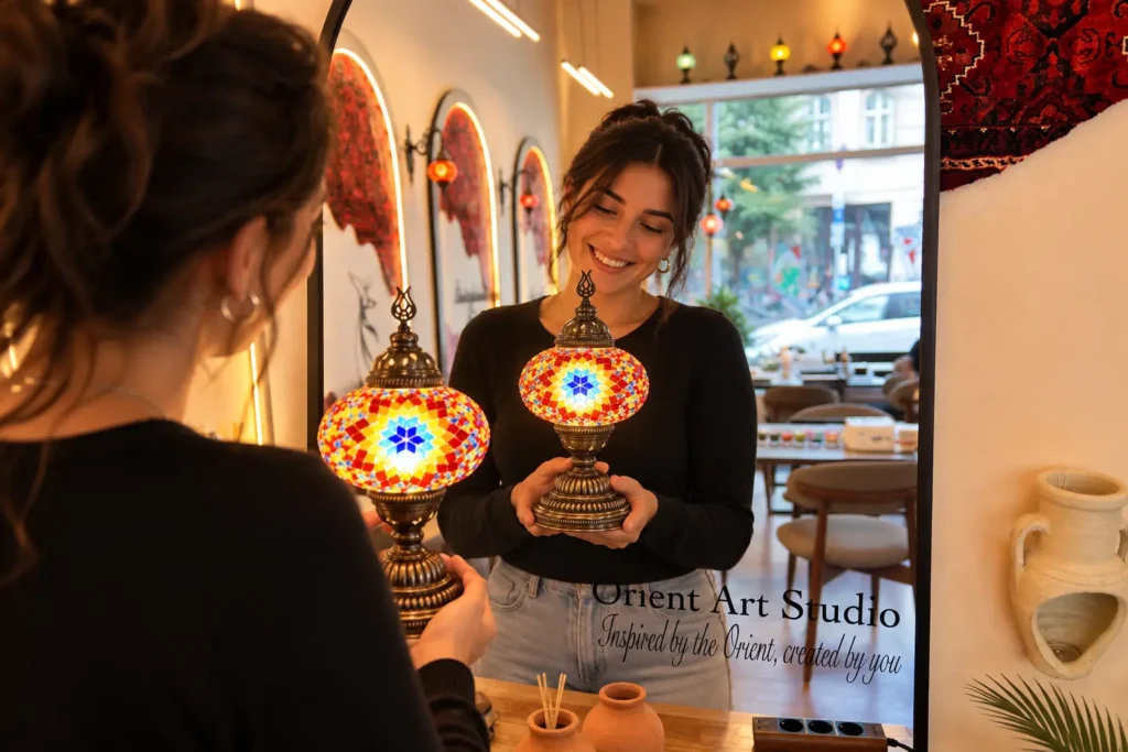 Teilnehmerin mit selbst gestalteter Mosaiklampe beim Mosaiklampen Workshop in Berlin