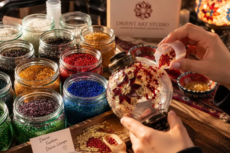 Perlen auf eine Mosaiklampe kleben beim Mosaiklampen-Workshop in Berlin