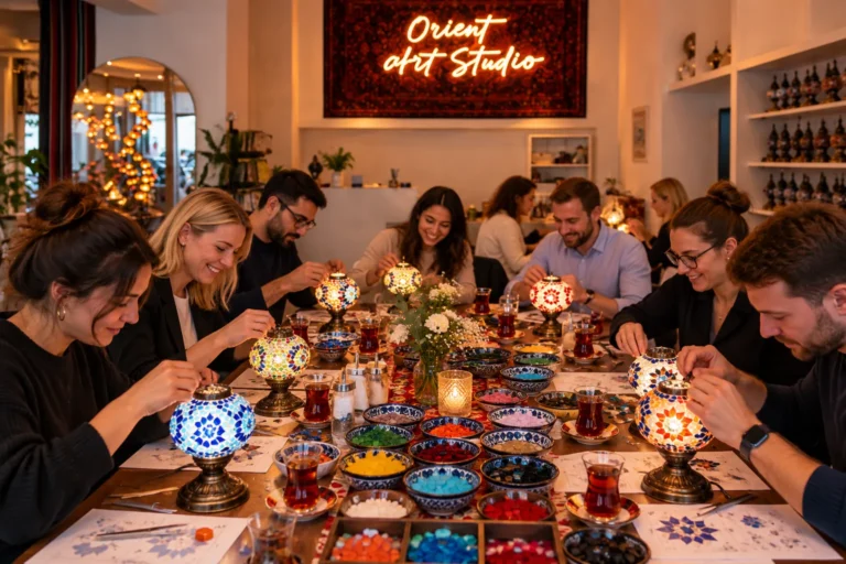 Kreatives Teamevent für Unternehmen in Berlin beim gemeinsamen Mosaiklampen gestalten