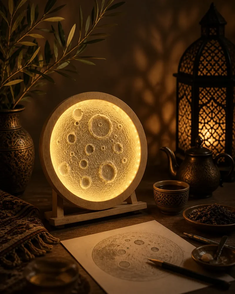 Warm leuchtende Mondlampe auf einem Holzständer im orientalischen Ambiente des Orient Art Studio Berlin.